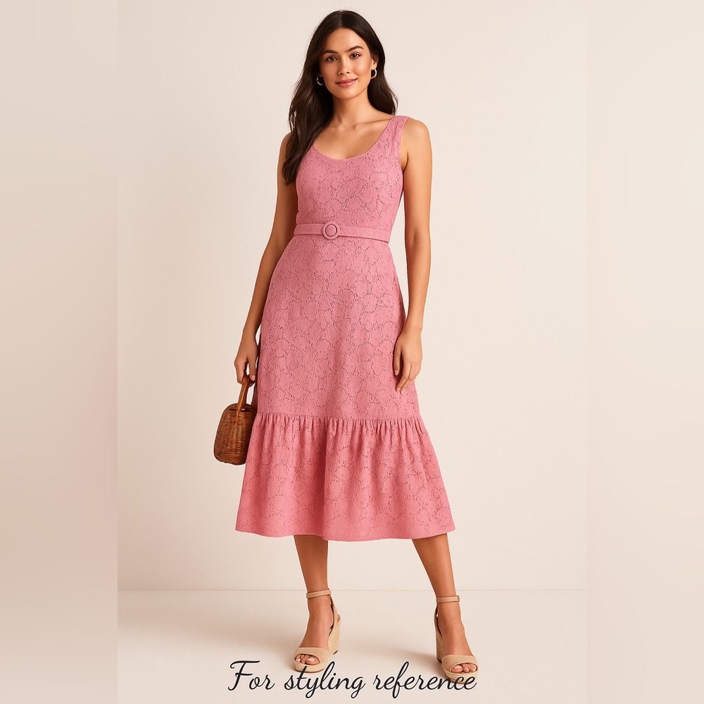 Taylor Pink Eyelet Lace Midi Dress – Size 16 | Belted Fit & Flare NWT